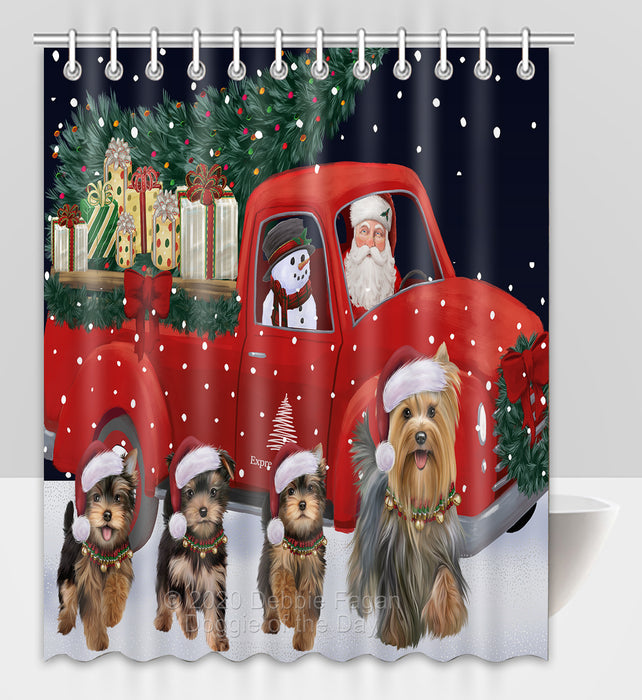 Christmas Express Delivery Red Truck Running Yorkshire Terrier Dogs Shower Curtain Bathroom Accessories Decor Bath Tub Screens