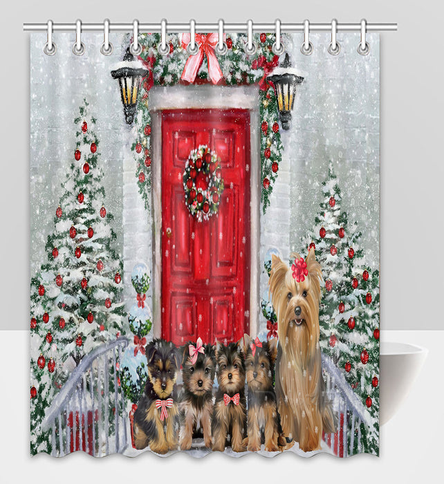 Christmas Holiday Welcome Yorkshire Terrier Dogs Shower Curtain Pet Painting Bathtub Curtain Waterproof Polyester One-Side Printing Decor Bath Tub Curtain for Bathroom with Hooks