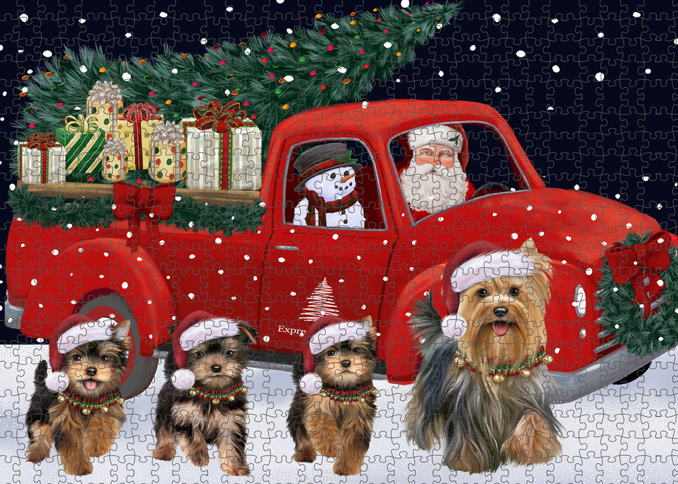 Christmas Express Delivery Red Truck Running Yorkshire Terrier Dogs Puzzle with Photo Tin PUZL99860