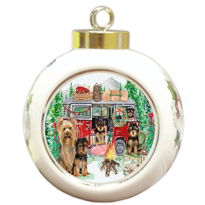 Christmas Time Camping with Yorkshire Terrier Dogs Round Ball Christmas Ornament Pet Decorative Hanging Ornaments for Christmas X-mas Tree Decorations - 3" Round Ceramic Ornament