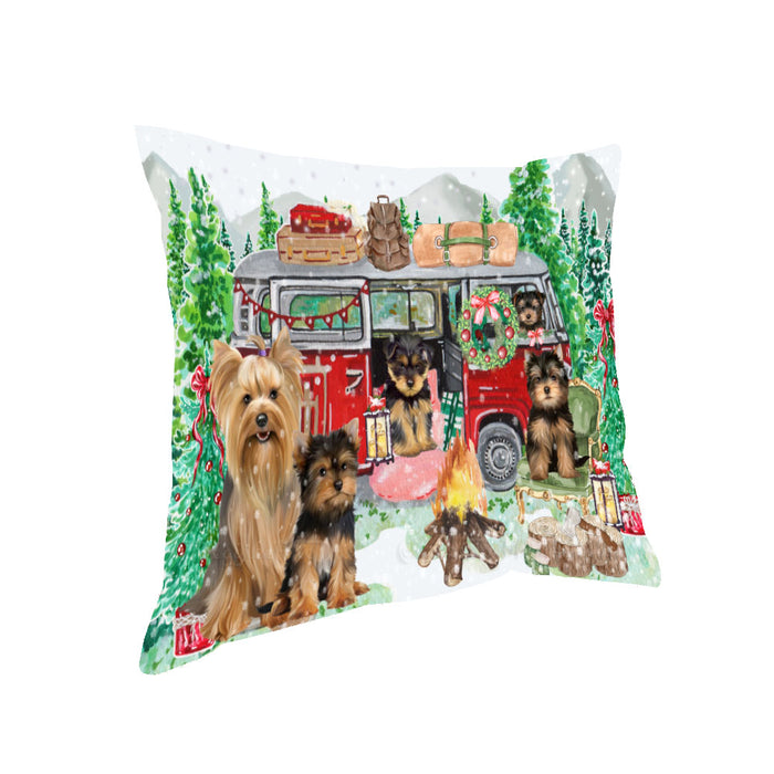 Christmas Time Camping with Yorkshire Terrier Dogs Pillow with Top Quality High-Resolution Images - Ultra Soft Pet Pillows for Sleeping - Reversible & Comfort - Ideal Gift for Dog Lover - Cushion for Sofa Couch Bed - 100% Polyester