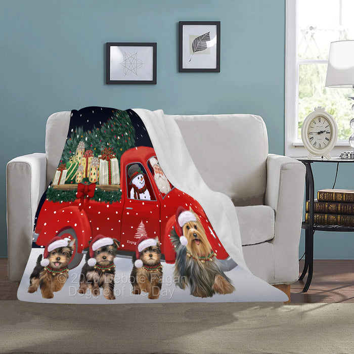 Christmas Express Delivery Red Truck Running Yorkshire Terrier Dogs Blanket BLNKT142018