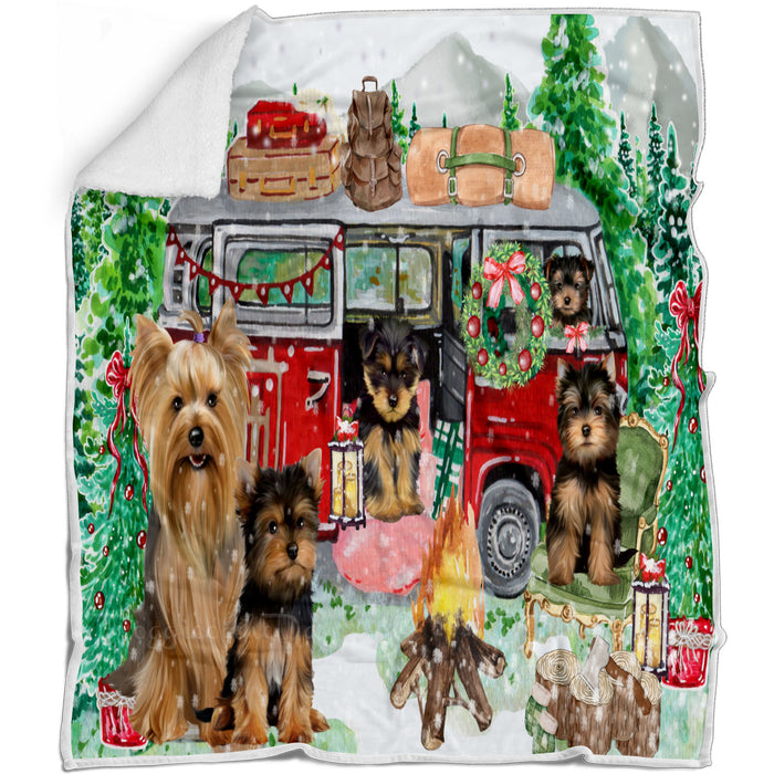 Christmas Time Camping with Yorkshire Terrier Dogs Blanket - Lightweight Soft Cozy and Durable Bed Blanket - Animal Theme Fuzzy Blanket for Sofa Couch