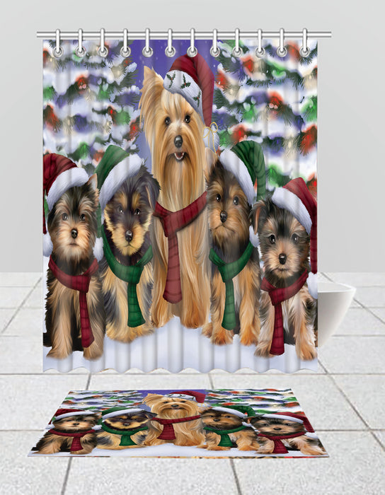 Yorkshire Terrier Dogs Christmas Family Portrait in Holiday Scenic Background  Bath Mat and Shower Curtain Combo
