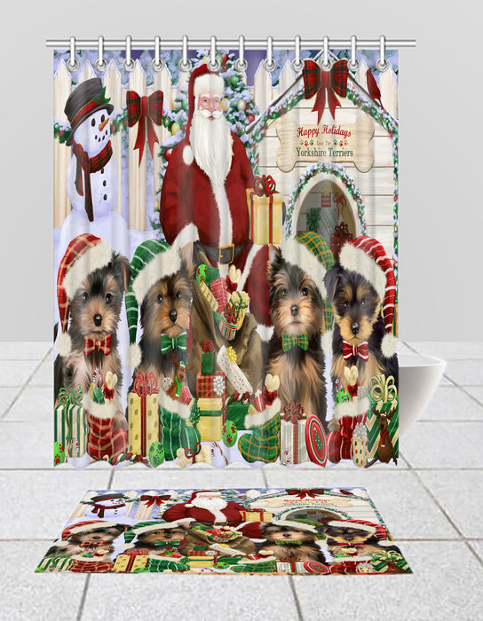 Happy Holidays Christmas Yorkshire Terrier Dogs House Gathering Bath Mat and Shower Curtain Combo