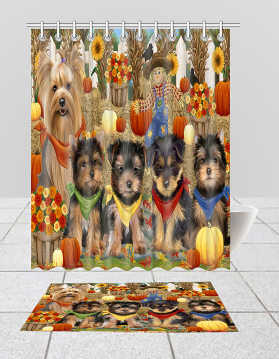 Fall Festive Harvest Time Gathering Yorkshire Terrier Dogs Bath Mat and Shower Curtain Combo