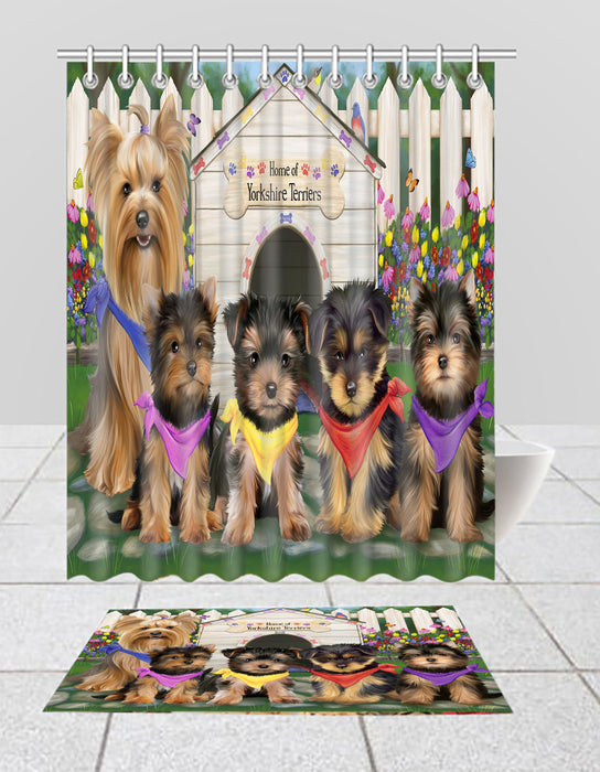 Spring Dog House Yorkshire Terrier Dogs Bath Mat and Shower Curtain Combo