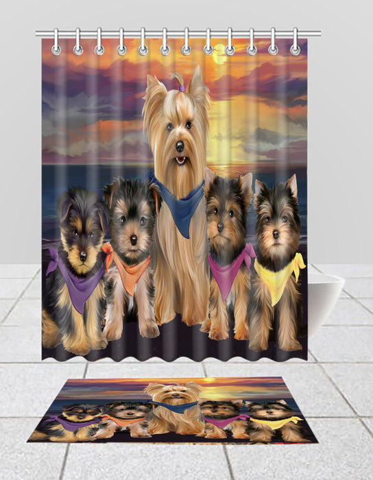 Family Sunset Portrait Yorkshire Terrier Dogs Bath Mat and Shower Curtain Combo
