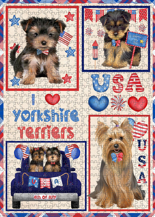 4th of July Independence Day I Love USA Yorkshire Terrier Dogs Portrait Jigsaw Puzzle for Adults Animal Interlocking Puzzle Game Unique Gift for Dog Lover's with Metal Tin Box
