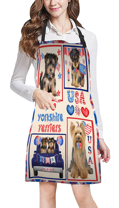 4th of July Independence Day I Love USA Yorkshire Terrier Dogs Apron - Adjustable Long Neck Bib for Adults - Waterproof Polyester Fabric With 2 Pockets - Chef Apron for Cooking, Dish Washing, Gardening, and Pet Grooming