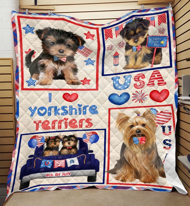 4th of July Independence Day I Love USA Yorkshire Terrier Dogs Quilt Bed Coverlet Bedspread - Pets Comforter Unique One-side Animal Printing - Soft Lightweight Durable Washable Polyester Quilt