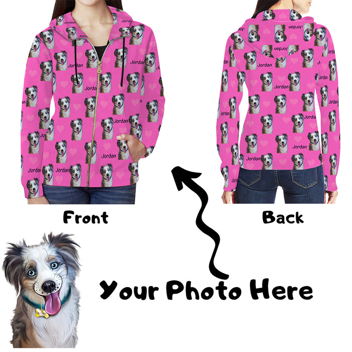 Custom Add Your Photo Here PET Dog Cat Photos on Full Zip Women's Hoodie