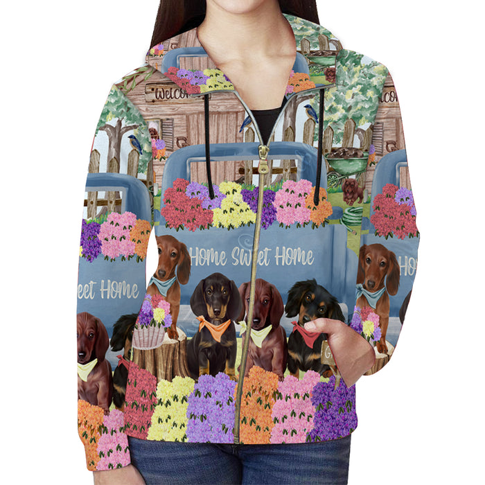 Rhododendron Home Sweet Home Garden Blue Truck Dachshund Dog on Full Zip Women's Hoodie