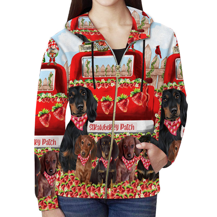 Strawberry Patch with Gnomes Dachshund Dog on Full Zip Women's Hoodie